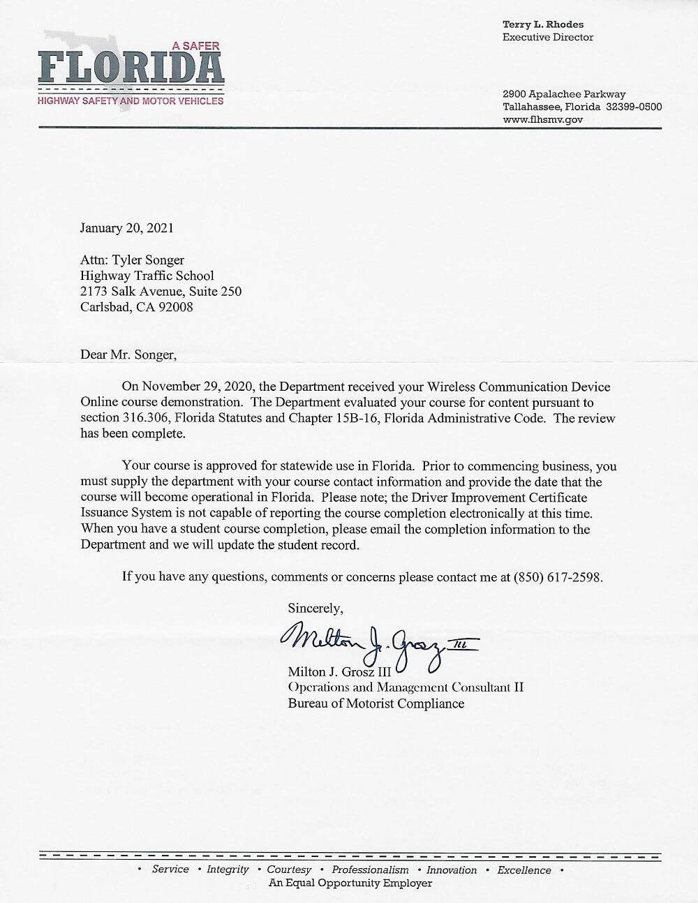 Florida DHSMV WCD certification letter
