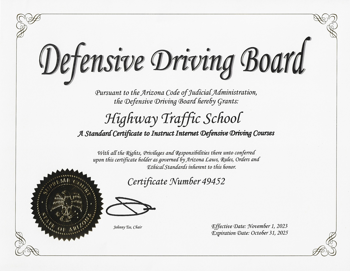 Arizona Defensive Driving Supreme Court certification letter