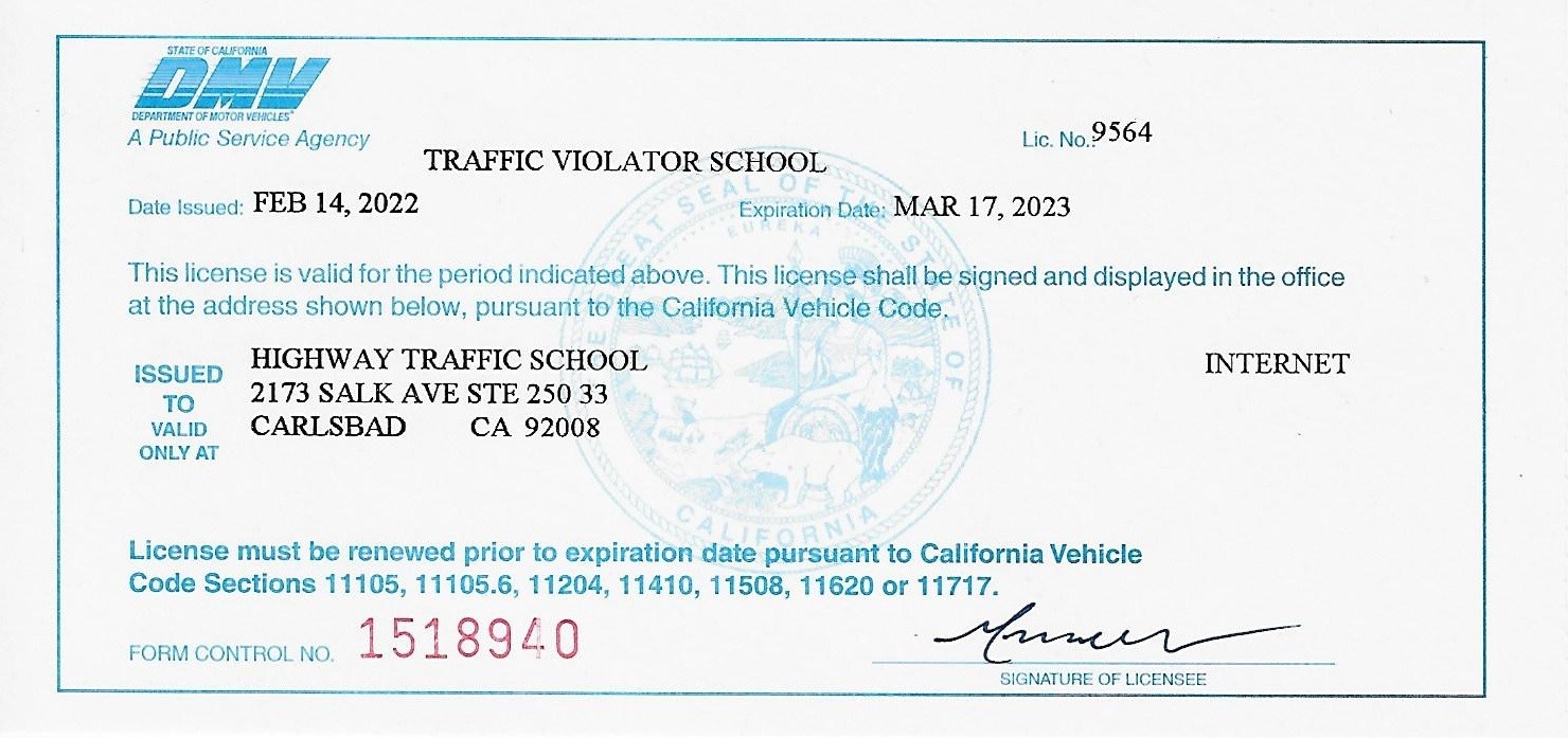 California DMV approved certified license