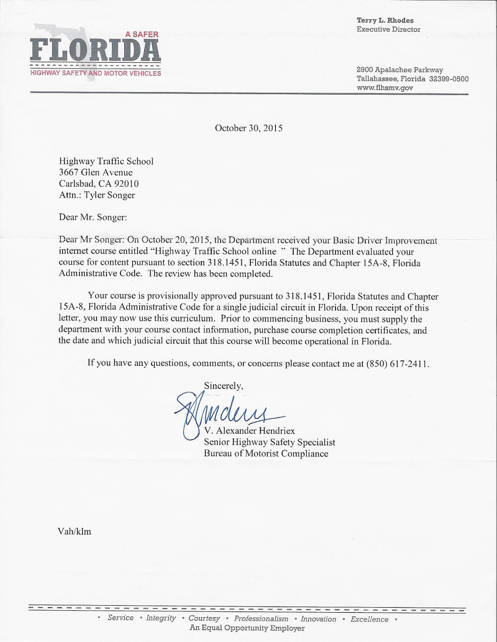 Florida DHSMV BDI certification letter