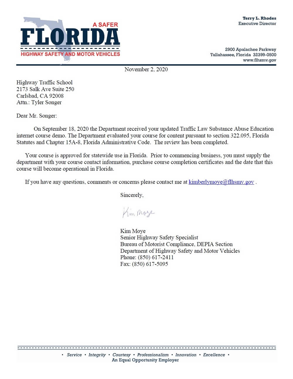 Florida DHSMV TLSAE certification letter