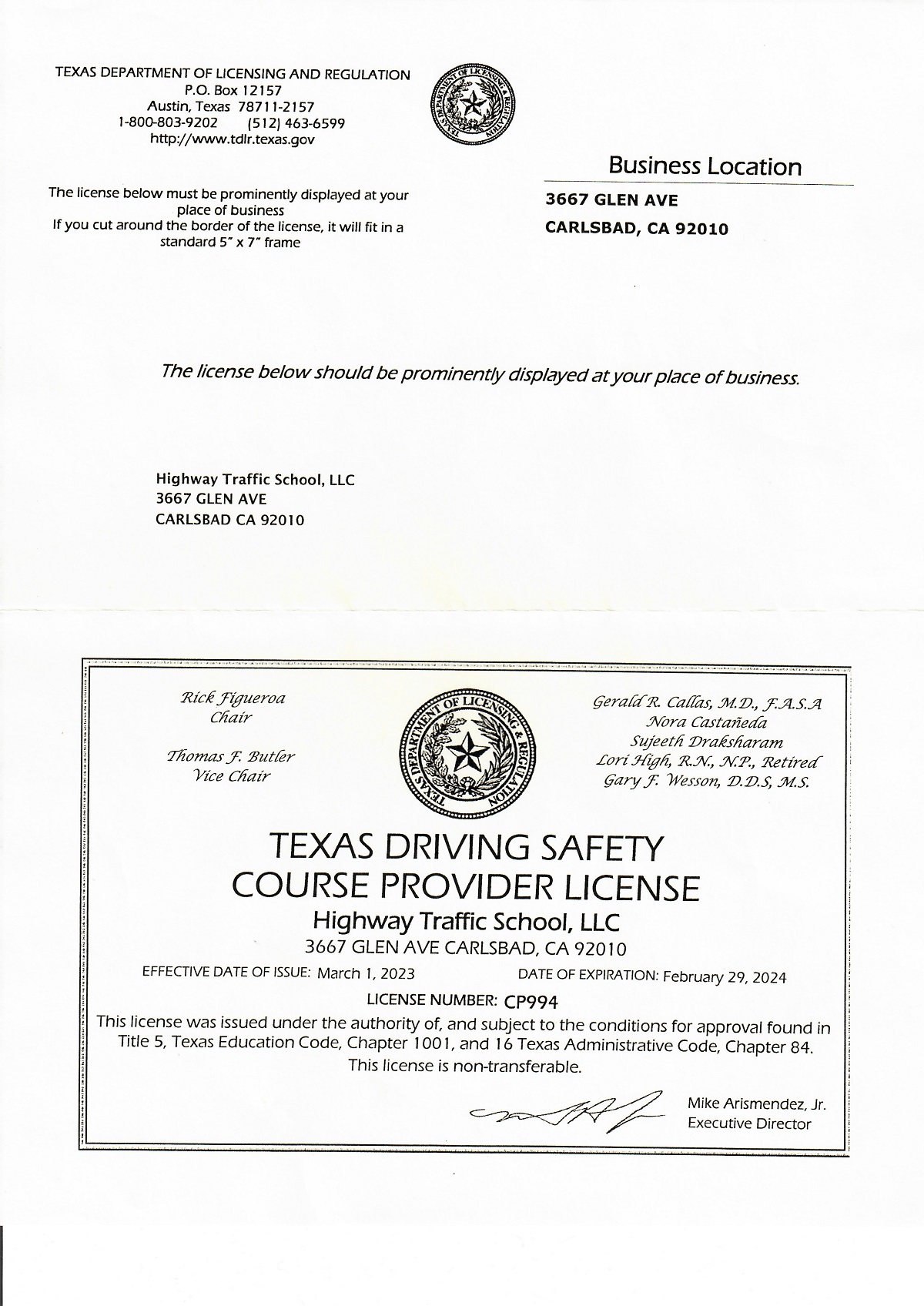 Texas TDLR Driving Safety license