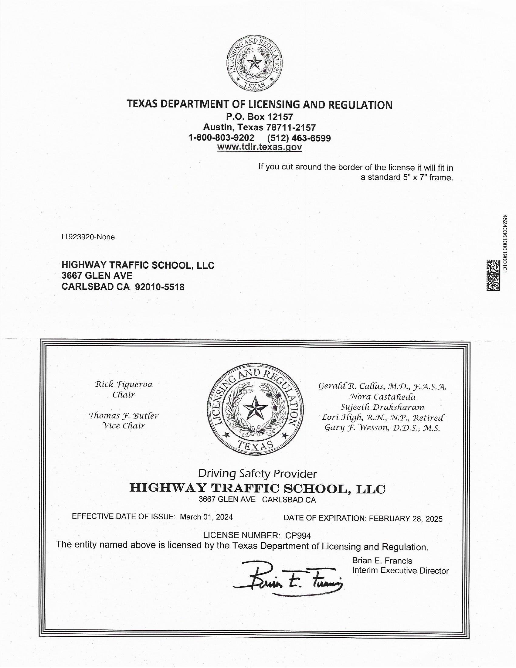 Texas TDLR Driving Safety license